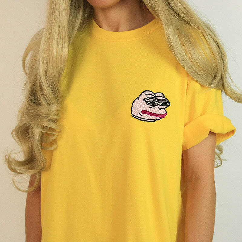 Y2K Aesthetic Yellow T-Shirt with Feelz Bad Face - Trendy 2000s Style