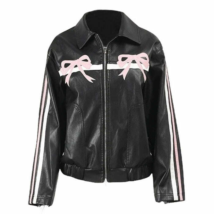 Y2K Bow Motorcycle Jacket: Trendy 2000s Fashion for a Bold Look