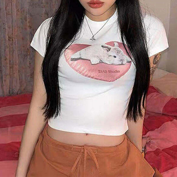 Y2K Bunny Baby Tee: Trendy 2000s Style Top for a Cute Aesthetic