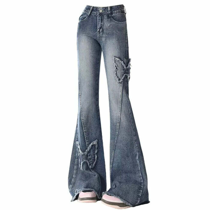 Y2K Butterfly Flare Jeans - Trendy 2000s Fashion for a Retro Aesthetic