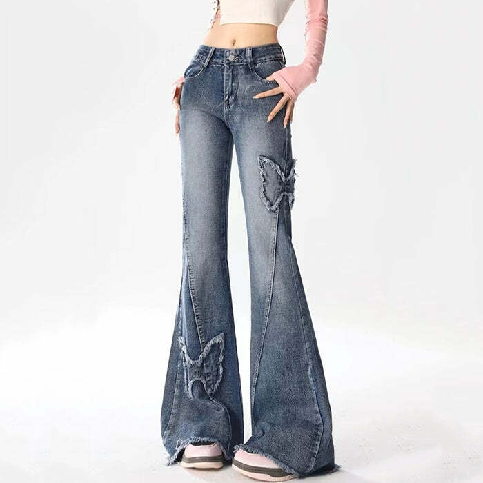 Y2K Butterfly Flare Jeans - Trendy 2000s Fashion for a Retro Aesthetic