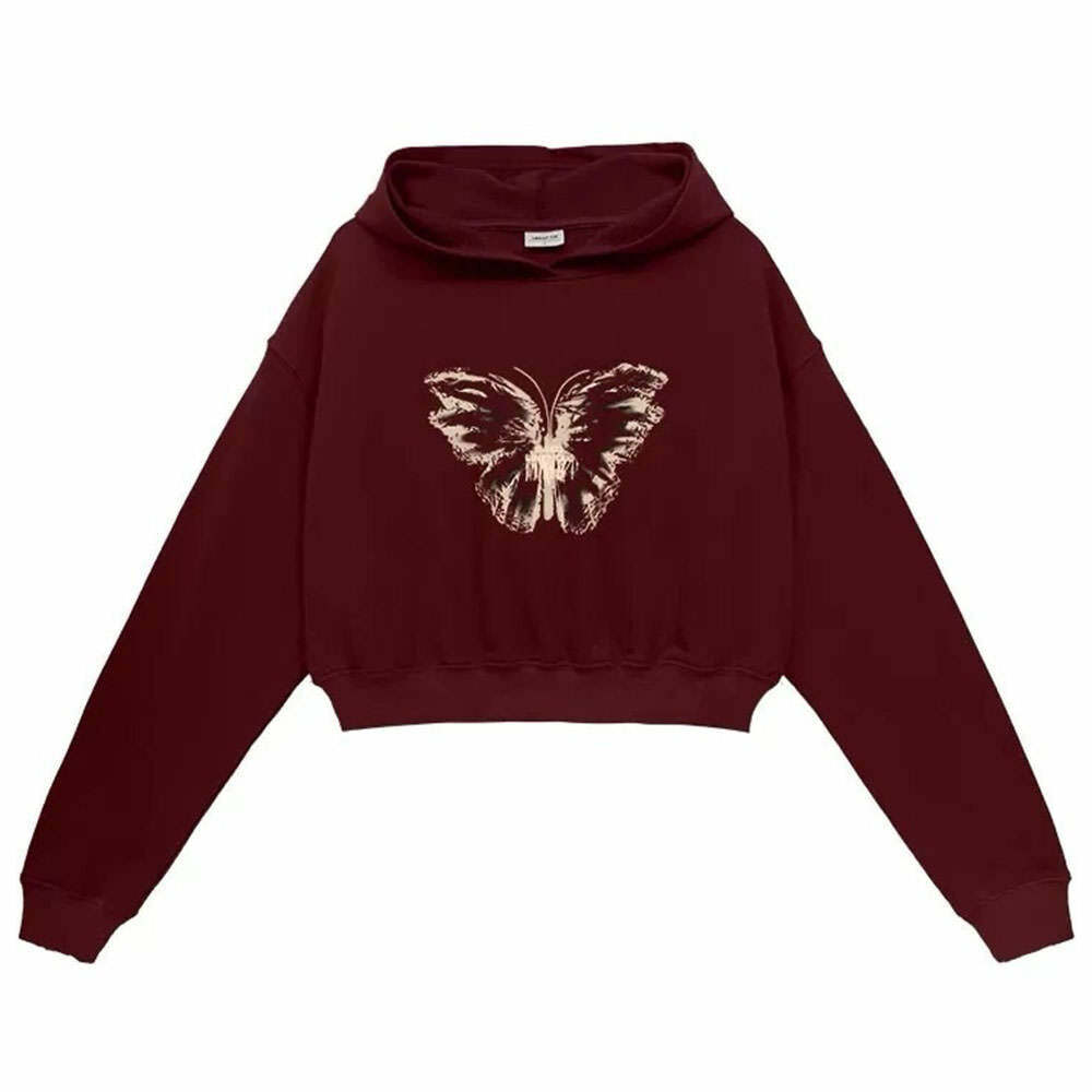 Y2K Butterfly Print Crop Hoodie - Trendy 2000s Style for Women