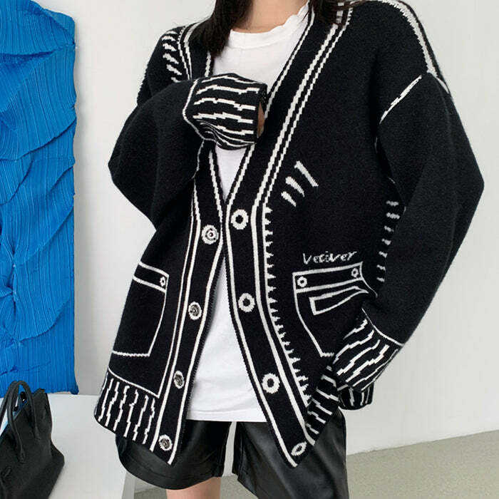 Y2K Cartoon Outline Knitted Cardigan - Trendy 2000s Style Fashion