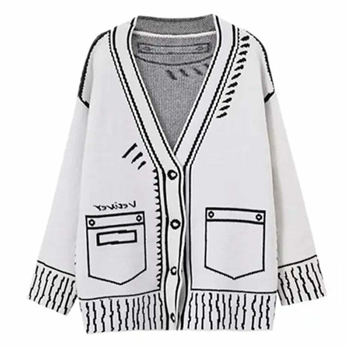 Y2K Cartoon Outline Knitted Cardigan - Trendy 2000s Style Fashion