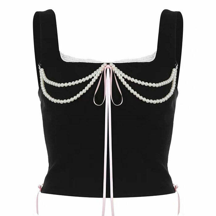 Y2K Coquette Bow Pearl Bustier Top - Trendy 2000s Fashion Essential