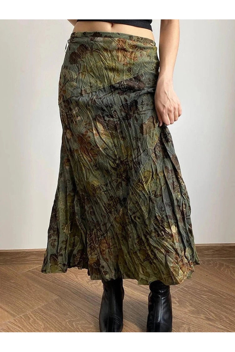 Y2K Crinkled Floral Midi Skirt - Trendy 2000s Style for Effortless Chic