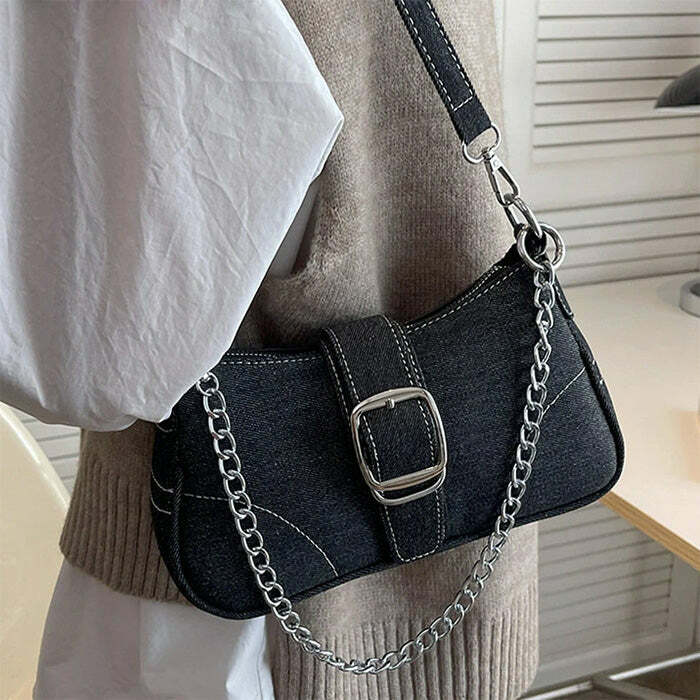 Y2K Denim Baguette Bag: Trendy 2000s Fashion Essential for Every Outfit