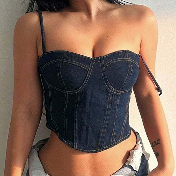 Y2K Denim Corset Top - Trendy 2000s Fashion for a Chic Y2K Aesthetic