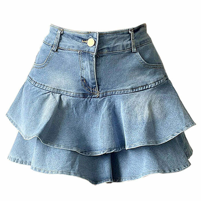 Y2K Denim Ruffled Skirt - Trendy 2000s Fashion for a Chic Look