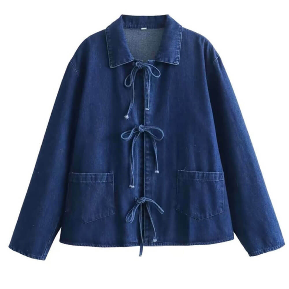 Y2K Denim Shirt with Bow Closure - Trendy 2000s Fashion Essential