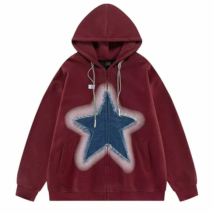 Y2K Denim Star Zip Up Hoodie - Trendy 2000s Fashion Essential