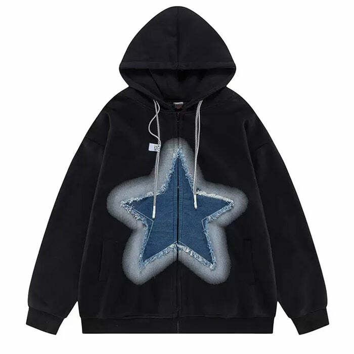 Y2K Denim Star Zip Up Hoodie - Trendy 2000s Fashion Essential