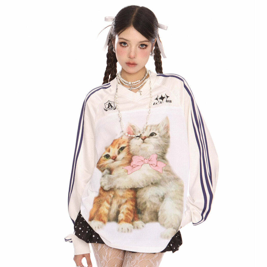 Y2K Fashion Aesthetic Kitten Print Jersey Top - Trendy 2000s Style