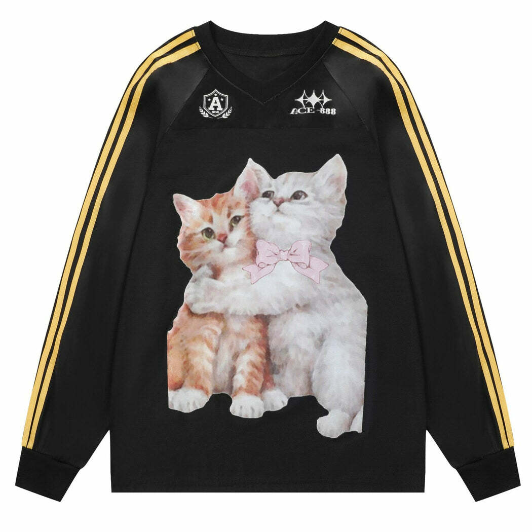 Y2K Fashion Aesthetic Kitten Print Jersey Top - Trendy 2000s Style