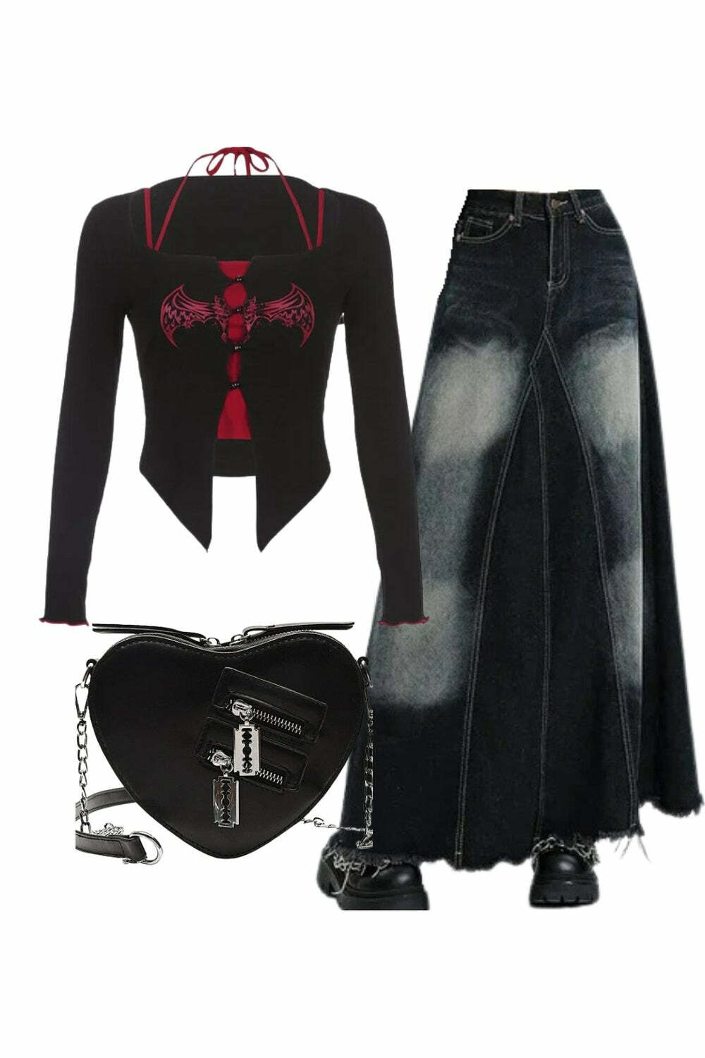 Y2K Fashion: Alt Goth Graphic Tee, Faded Black Maxi Denim Skirt & Punk Bag