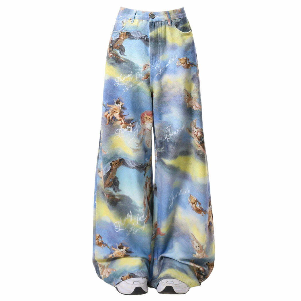 Y2K Fashion Angel Cat Print Wide-Leg Pants - Trendy 2000s Style