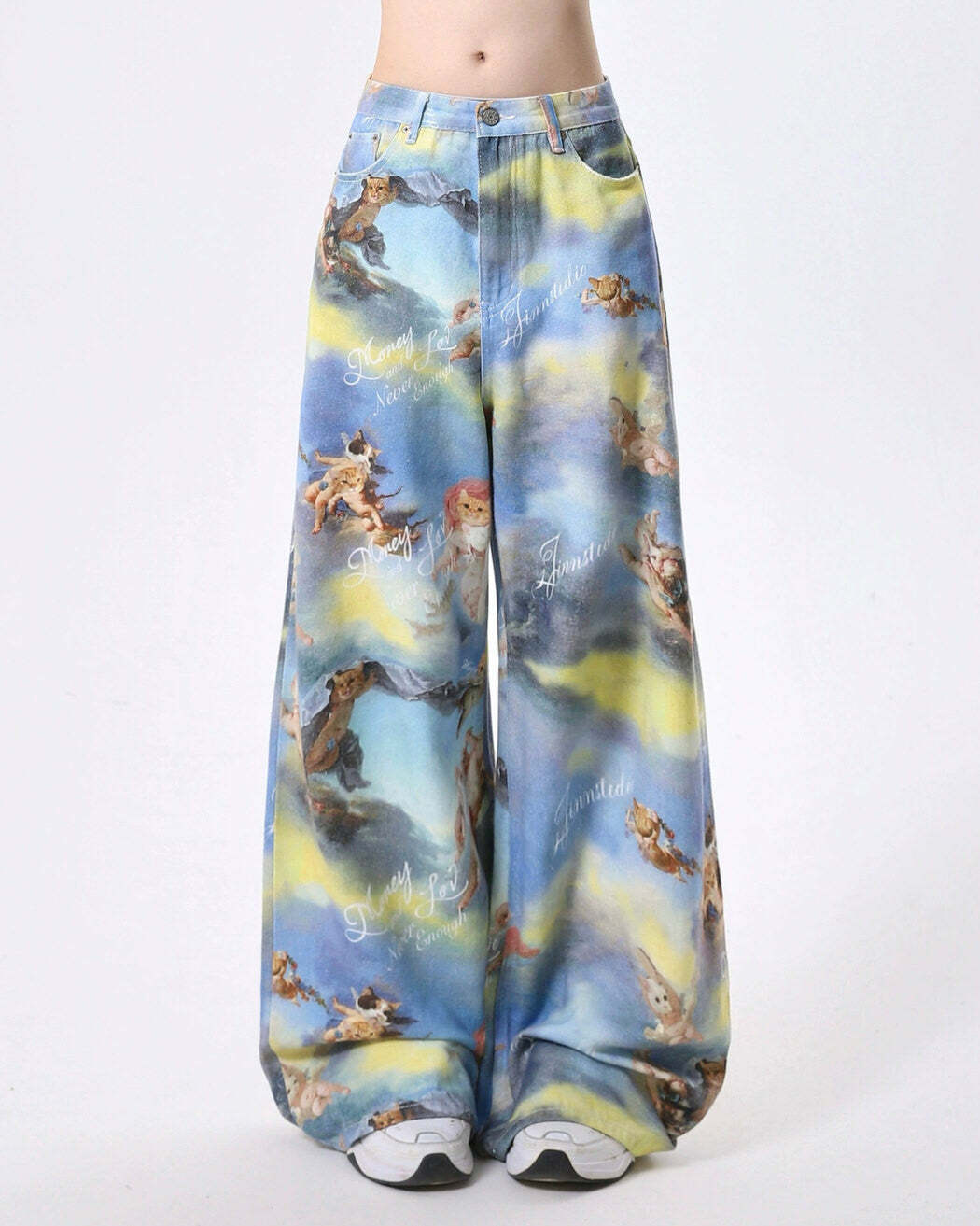 Y2K Fashion Angel Cat Print Wide-Leg Pants - Trendy 2000s Style