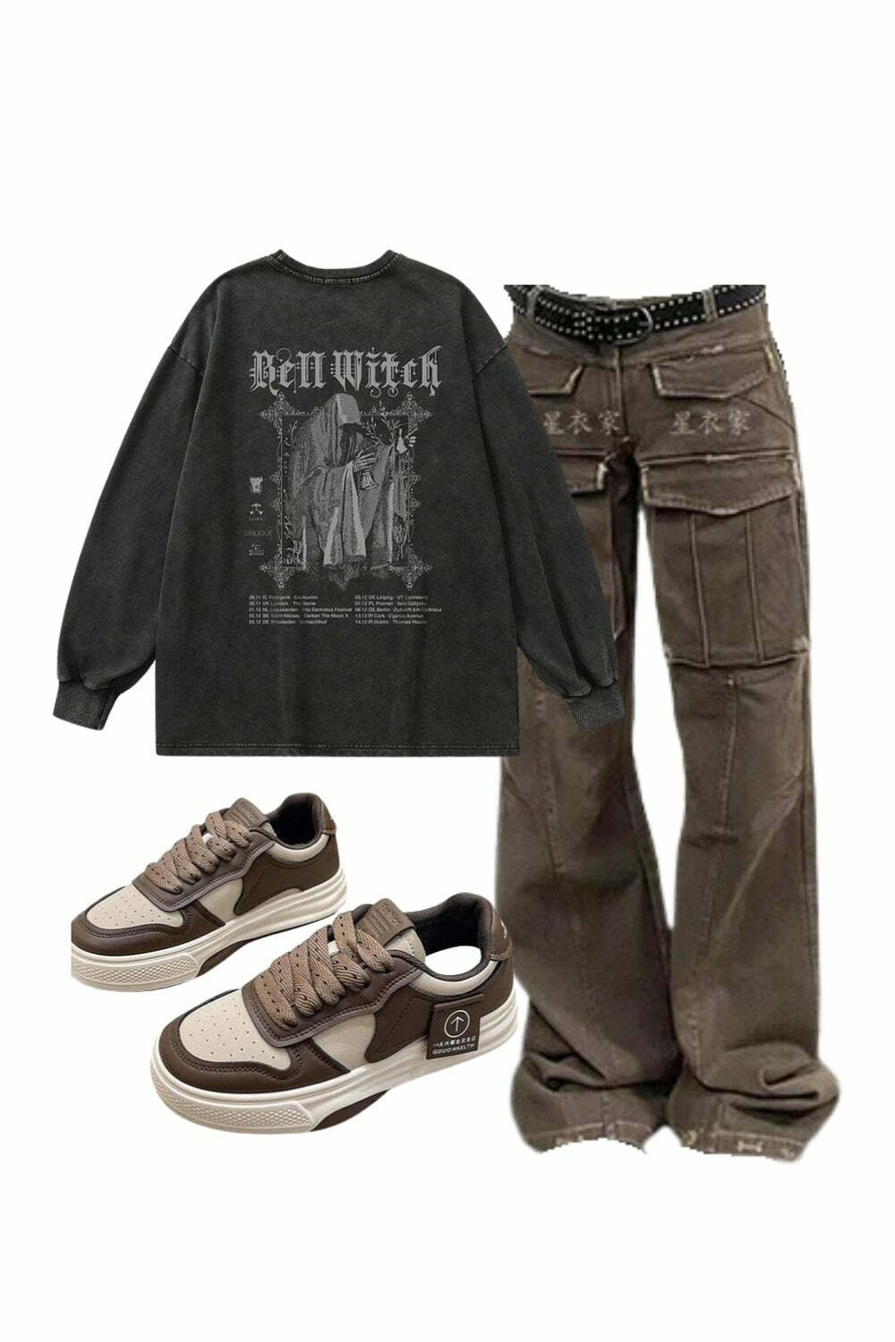 Y2K Fashion: Arctic Edge Cargo Pants & Bell Witch Gothic Top Outfit