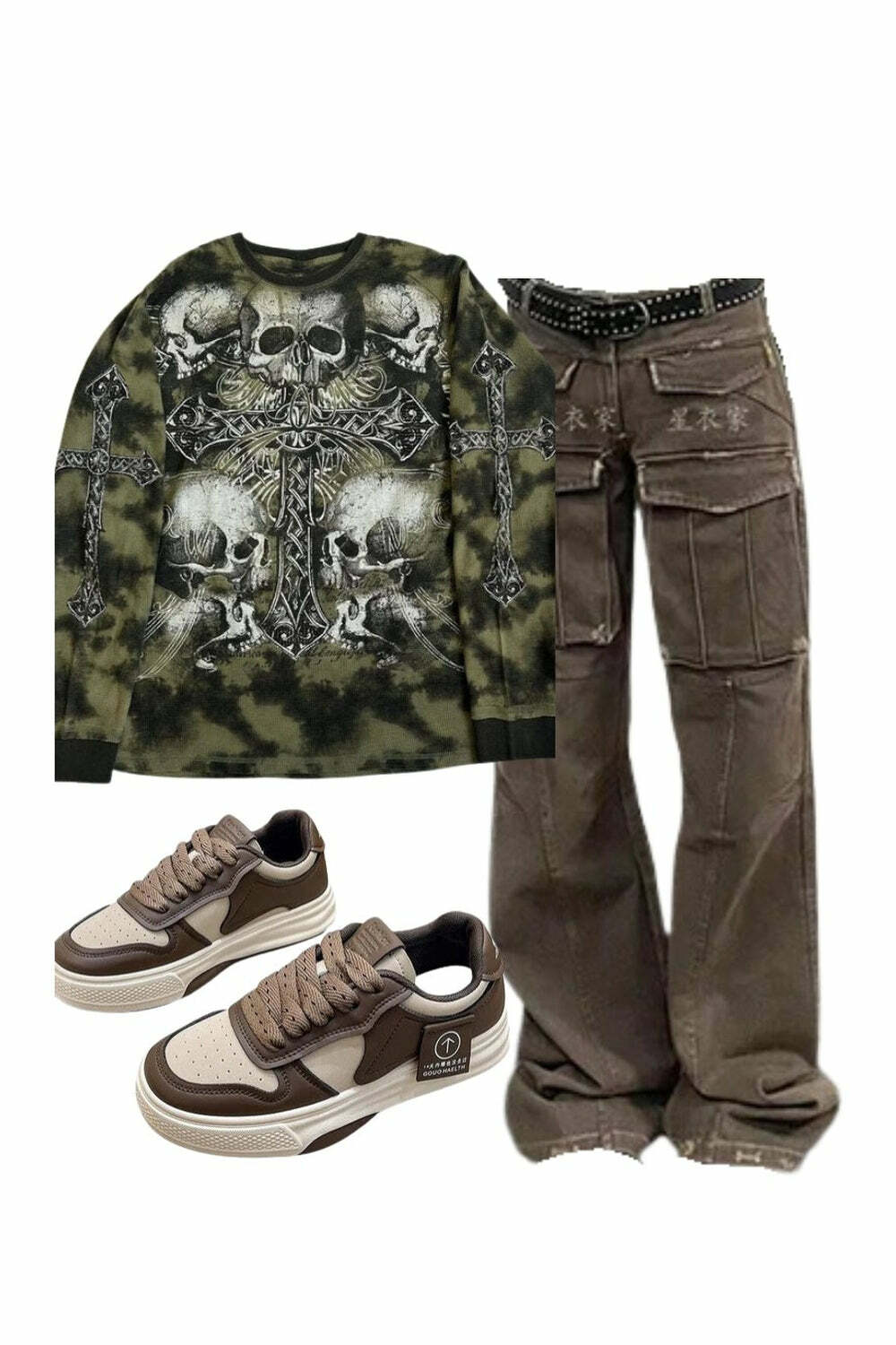 Y2K Fashion: Arctic Edge Cargo Pants & Gothic Skull Print Long Sleeve Outfit