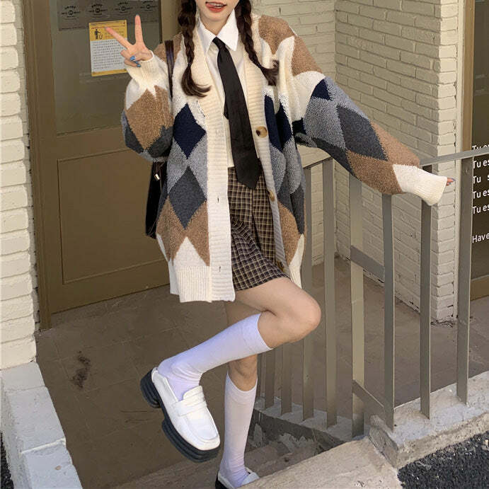 Y2K Fashion Argyle Cardigan - Retro 2000s Style Knitwear for Women