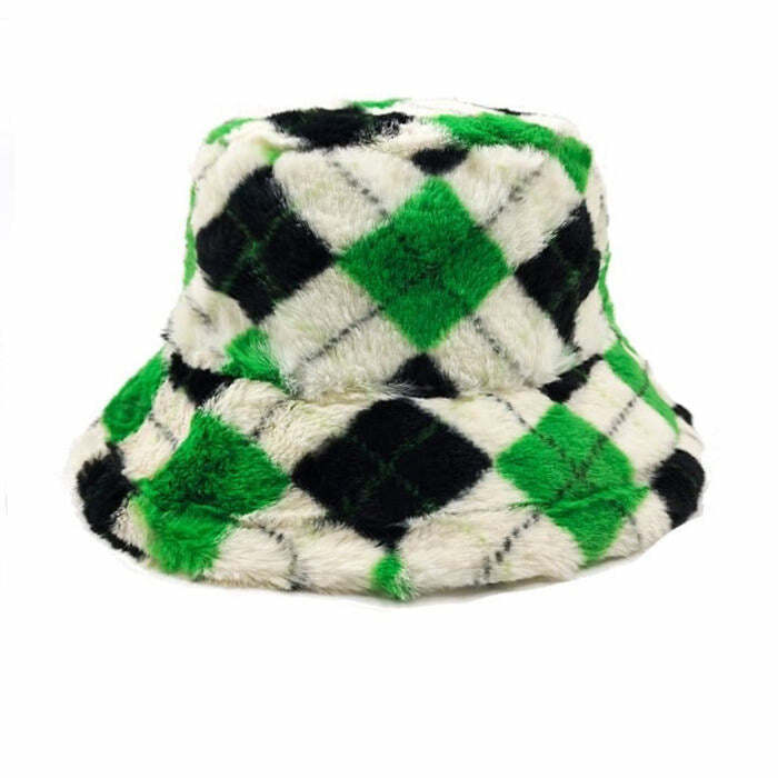 Y2K Fashion Argyle Check Fluffy Bucket Hat - Trendy 2000s Style Accessory