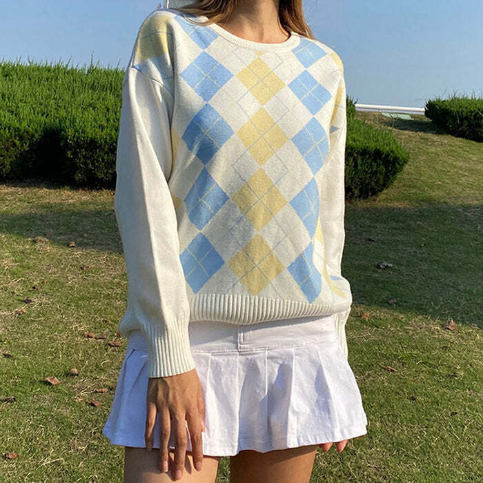 Y2K Fashion Argyle Check Pullover - Trendy 2000s Style Sweater