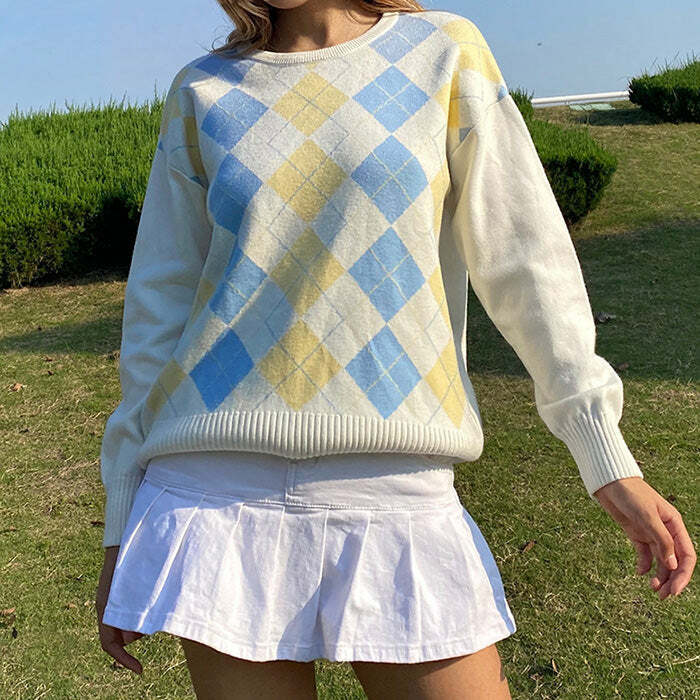 Y2K Fashion Argyle Check Pullover - Trendy 2000s Style Sweater