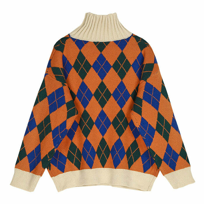 Y2K Fashion Argyle Pattern Turtleneck Sweater - 2000s Style Essential