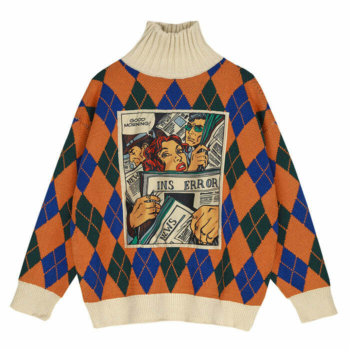 Y2K Fashion Argyle Pattern Turtleneck Sweater - 2000s Style Essential