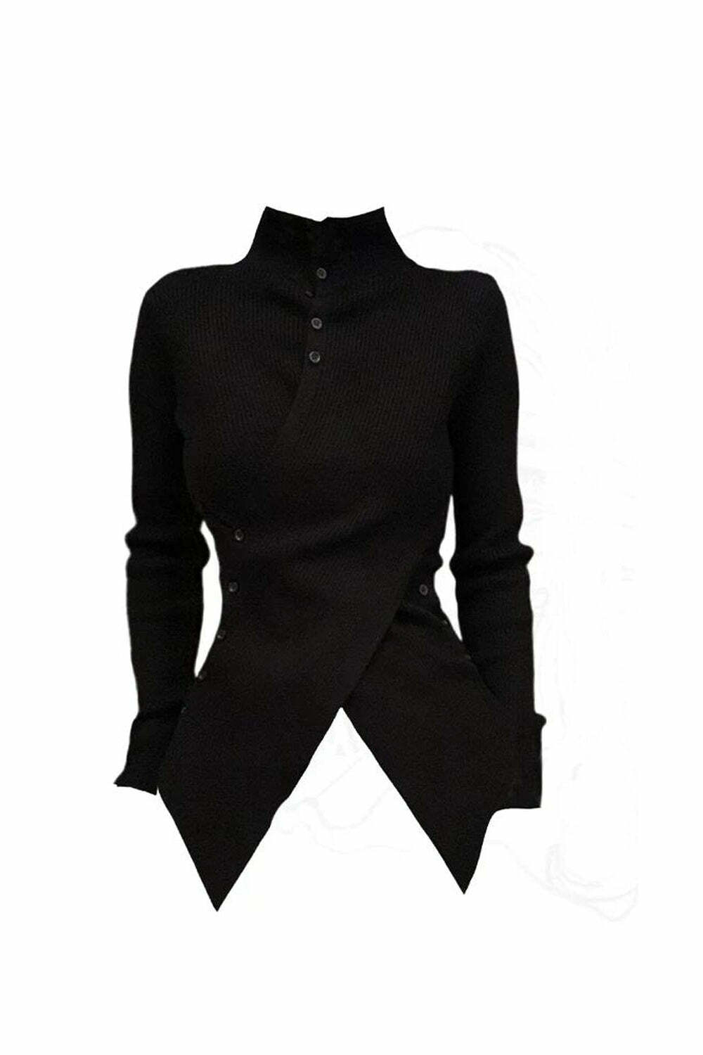 Y2K Fashion Asymmetrical High Neck Buttoned Sweater - 2000s Style Top