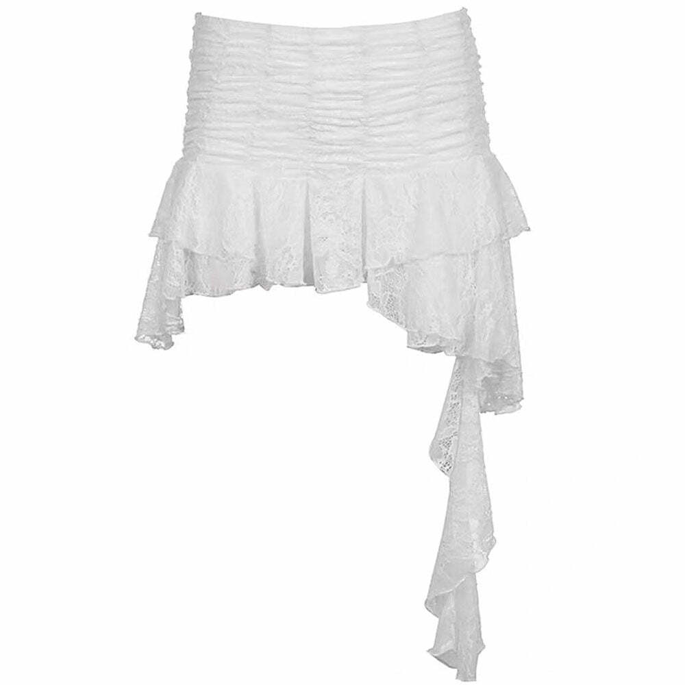 Y2K Fashion Asymmetrical White Lace Skirt - 2000s Style Essential