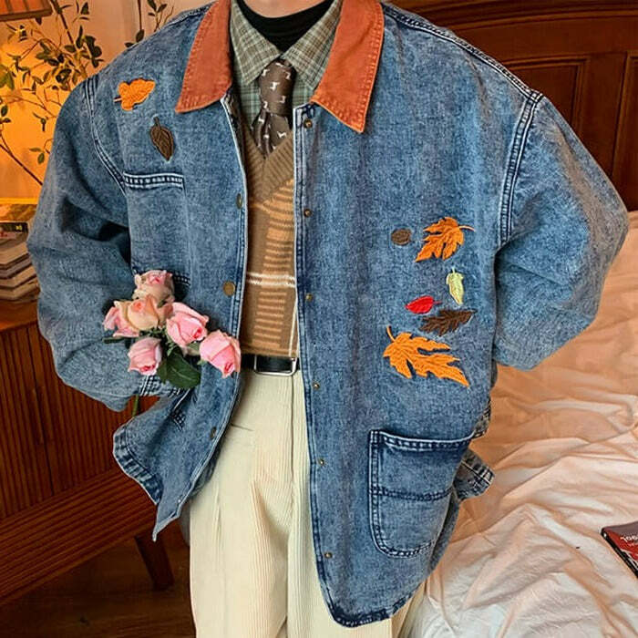 Y2K Fashion Autumn Leaves Embroidery Denim Jacket - 2000s Style