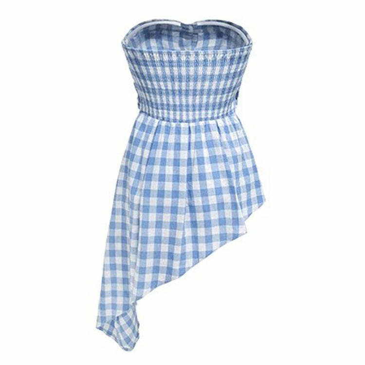 Y2K Fashion Baby Blue Plaid Off Shoulder Shirt - Trendy 2000s Style