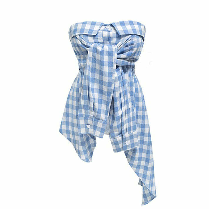 Y2K Fashion Baby Blue Plaid Off Shoulder Shirt - Trendy 2000s Style