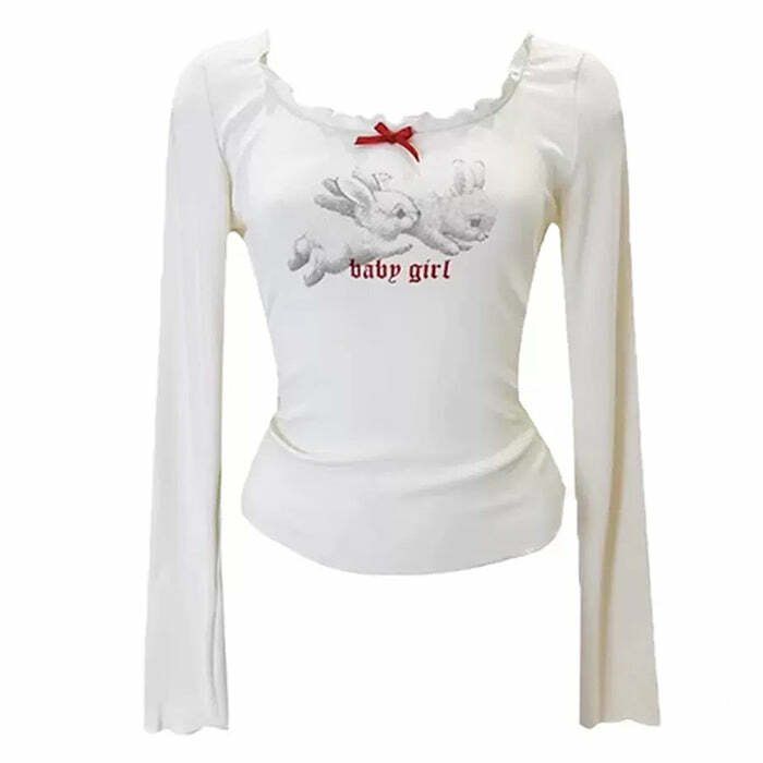 Y2K Fashion Baby Girl Bunny Long Sleeve Tee - 2000s Style Aesthetic