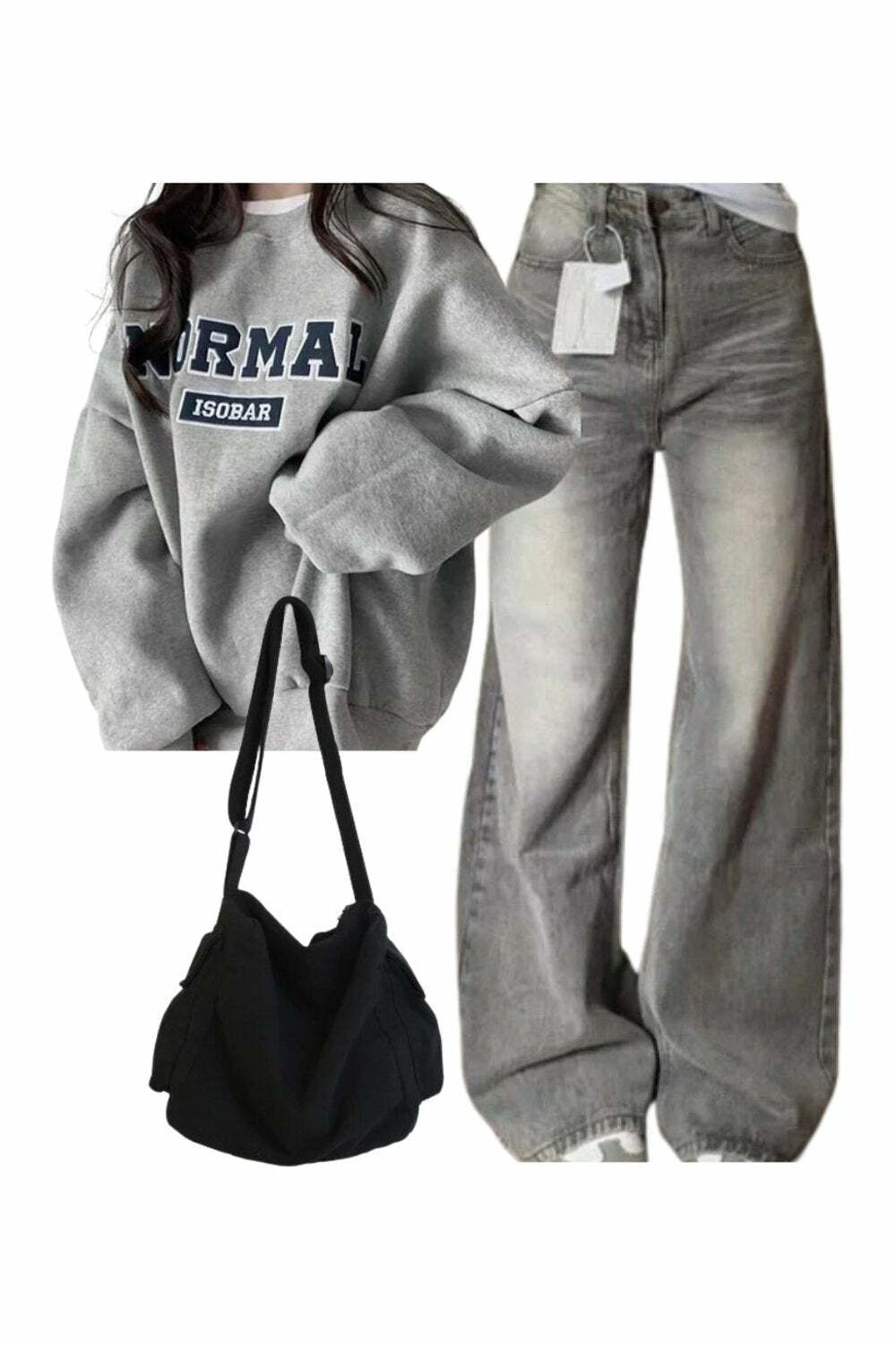 Y2K Fashion: Baggy Denim Pants, Oversized Graphic Sweatshirt & Black Bag