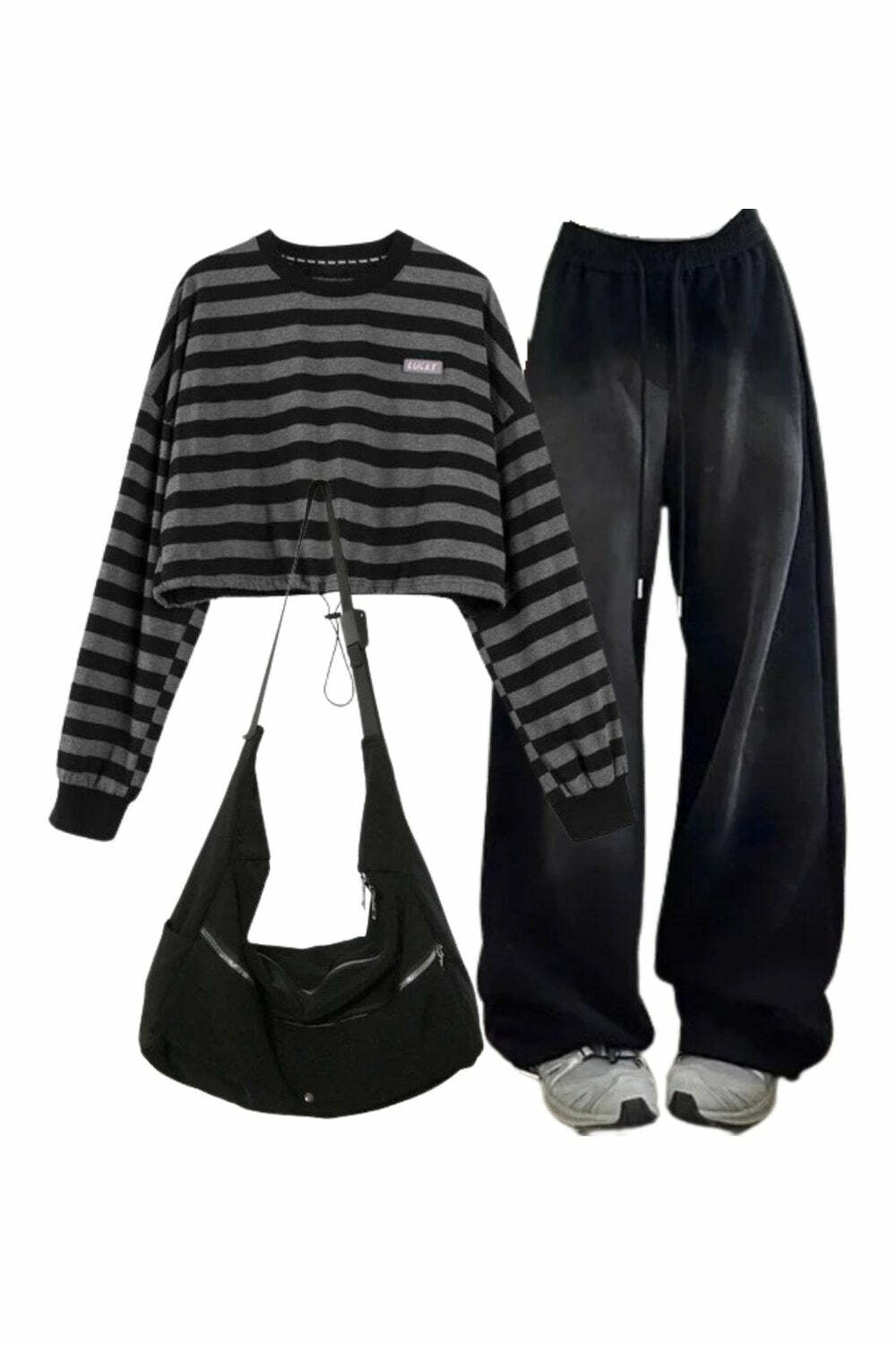 Y2K Fashion: Baggy Grunge Sweatpants & Striped Drawstring Sweatshirt Set