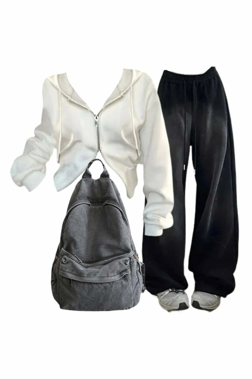 Y2K Fashion: Baggy Grunge Sweatpants, White Zip Hoodie & Urban Ash Backpack