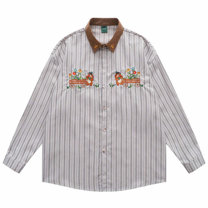 Y2K Fashion Bear Embroidery Striped Shirt - Trendy 2000s Style Top