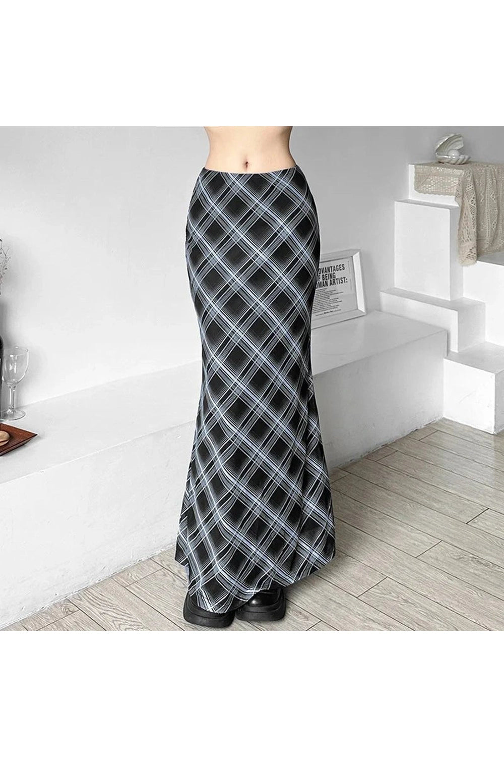 Y2K Fashion Black and Blue Plaid Maxi Skirt - 2000s Style Essential