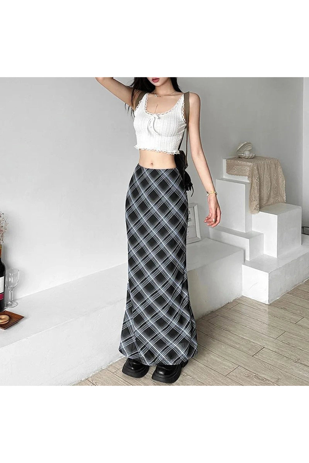 Y2K Fashion Black and Blue Plaid Maxi Skirt - 2000s Style Essential