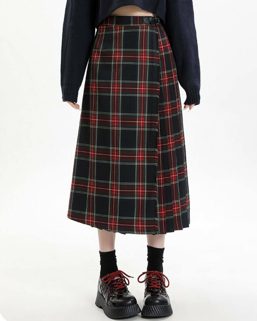 Y2K Fashion Black and Red Plaid Midi Skirt - 2000s Style Essential