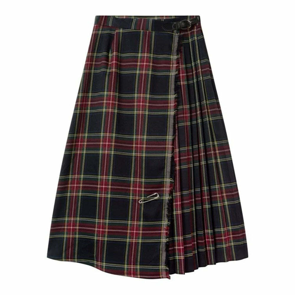 Y2K Fashion Black and Red Plaid Midi Skirt - 2000s Style Essential