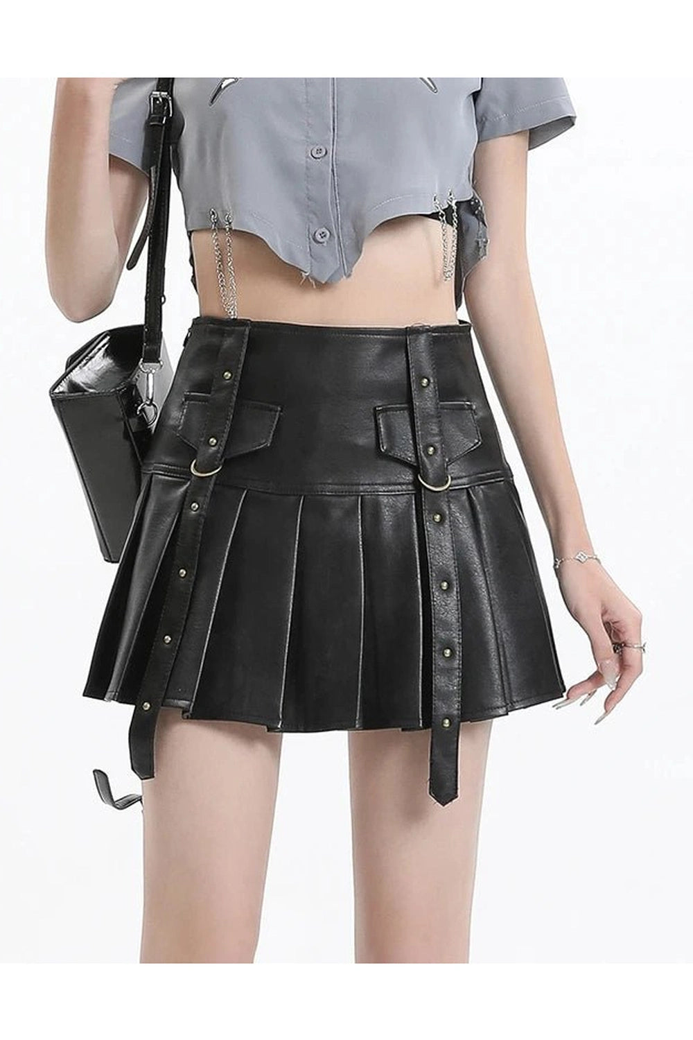 Y2K Fashion Black Buckled Pleated Mini Skirt - 2000s Style Essential