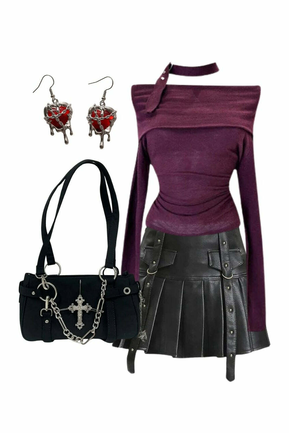 Y2K Fashion Black Buckled Pleated Mini Skirt & Asymmetric Choker Top Set