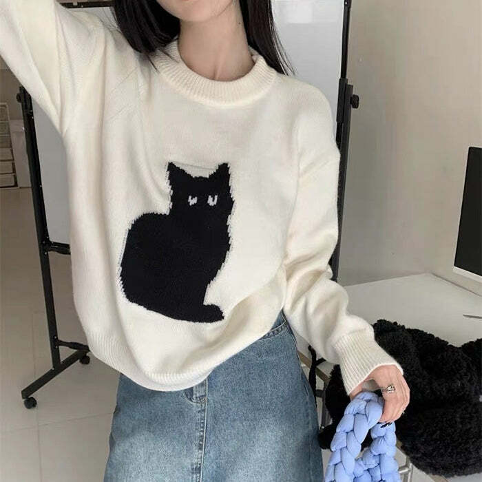 Y2K Fashion Black Cat Aesthetic Sweater - Trendy 2000s Style Top