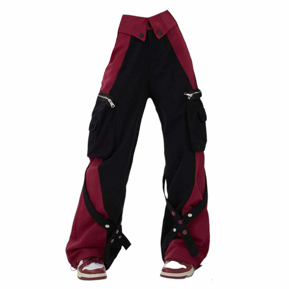 Y2K Fashion Black & Red Grunge Cargo Pants - 2000s Style Essential