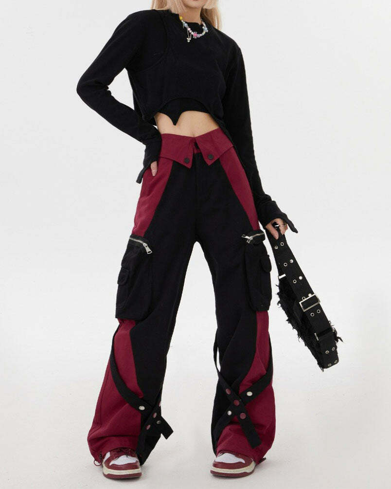 Y2K Fashion Black & Red Grunge Cargo Pants - 2000s Style Essential