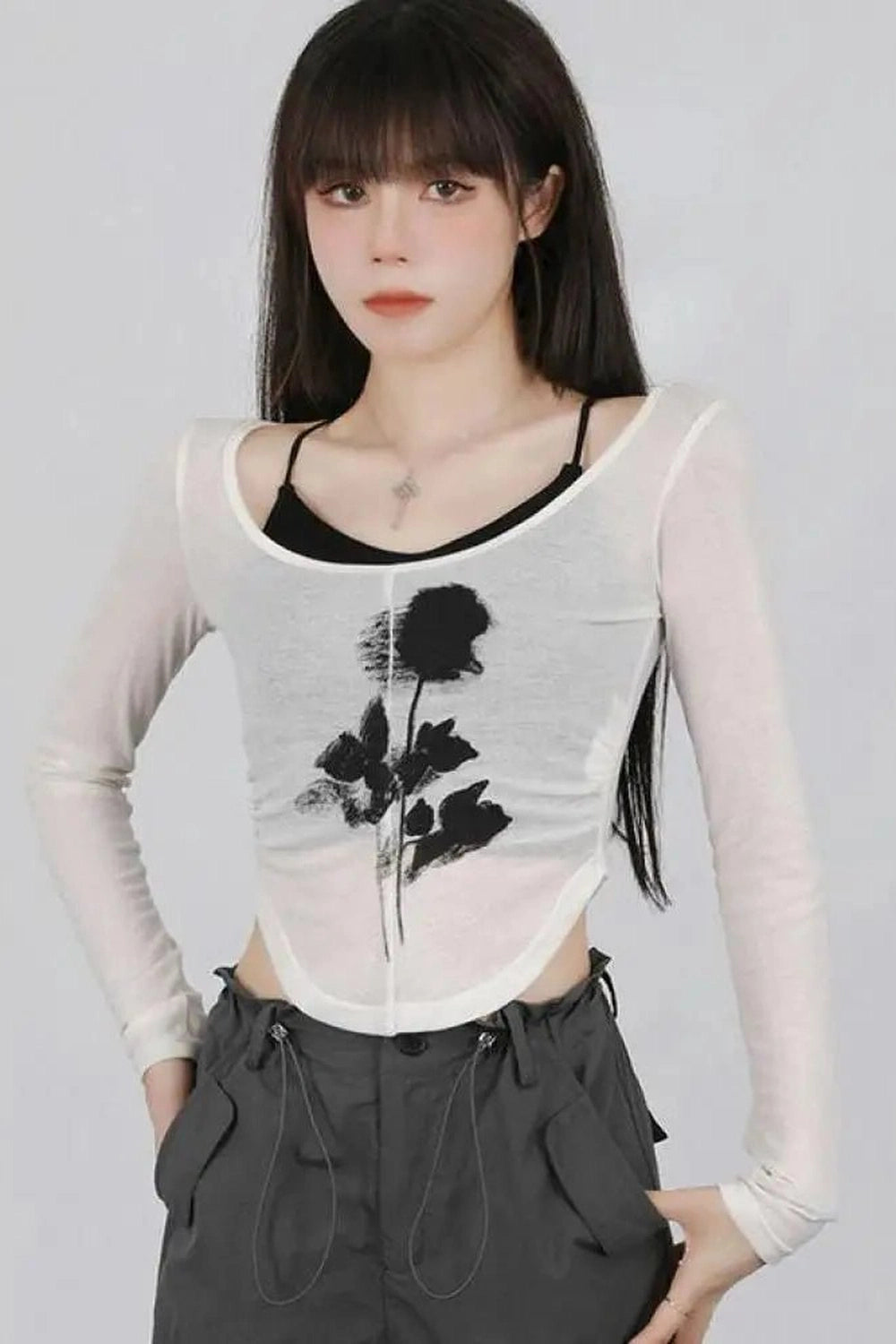 Y2K Fashion Black Rose Sheer Layered Top - Trendy 2000s Style