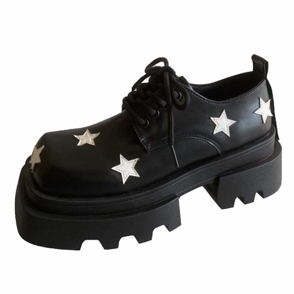 Y2K Fashion Black & White Star Platform Oxfords - 2000s Style Shoes